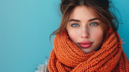 Wall Mural -  A woman gazes intently into the camera, her features framed by an orange scarf