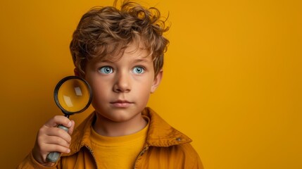 Canvas Print -  A young boy, surprised, holds a magnifying glass before his face