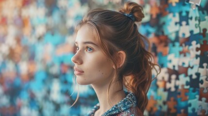 Wall Mural -  A woman with a ponytail stands before a wall adorned with puzzle pieces, gazing to one side