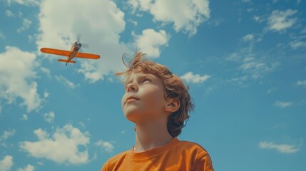 Sticker -  A young boy gazes up at an orange airplane against a blue backdrop of sky, dotted with white clouds