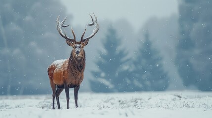 Wall Mural -  A deer in a snowy field, bearing antlers on its head, not on its back