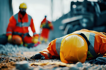 Construction worker lying on the ground, with another worker in the background, illustrating an accident or emergency on a construction site. High Quality