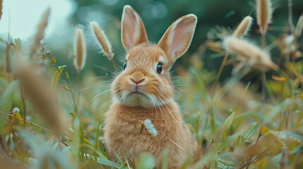 Wall Mural -  A tight shot of a rabbit amidst a field of tall grass in the foreground and trees in the backdrop