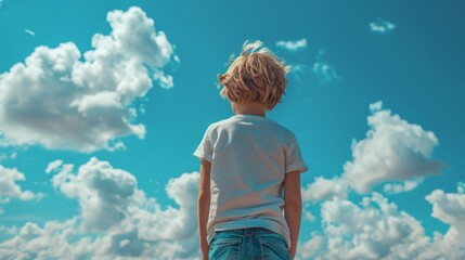 Sticker -  A young boy, silhouetted against a blue sky, holds a kite in the foreground as billowing clouds add depth