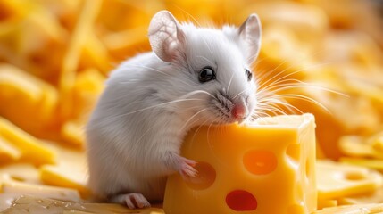  A white rat sits atop one cheese, adjacent to two more cheeses