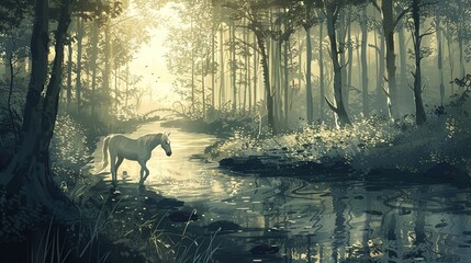 Poster - Art noveau illustration, little pony in a forest about to cross a wide and deep river, early morning lighting