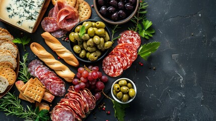 Wall Mural -  A platter with assorted meats, cheeses, olives, bread, breadsticks, and crackers