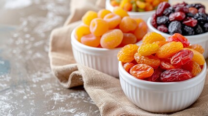 Wall Mural -  Three small, white bowls are filled with fruit atop a cloth-covered tablecloth resting on a wooden table