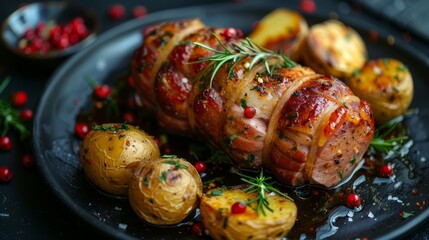 Sticker -  A tight shot of a plate laden with potatoes and meat, both wrapped in crisp bacon, adorned with aromatic herbs