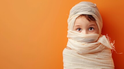 Wall Mural - A closeup photography shot of a cute child in a Halloween mummy costume, set against an orange background