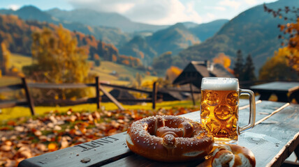 Wall Mural - Beer and Pretzel Against Mountain Backdrop