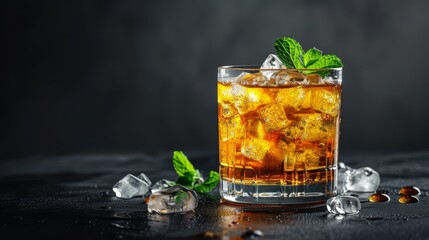 Wall Mural -  Aglassofice tea, garnished withmint leaves and ice cubes, againstadarkbackground Insertsignificant whitespaceforyourtexthere