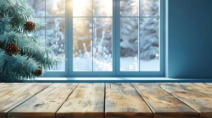 Sticker -  A wooden table before a winow, pine tree in foreground snow-covered, pine cone nearby on table