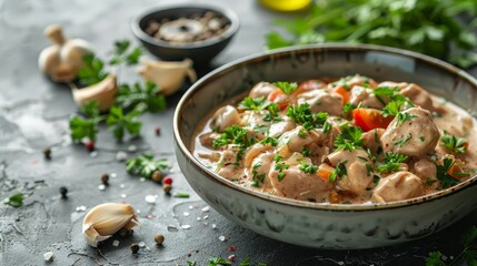 Sticker -  A tight shot of a table-set bowl of food with a nearby spoon Garlic bowl in attendance