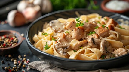 Canvas Print -  A tight shot of a pasta dish in a bowl, garnished with mushrooms and parsley at the rim