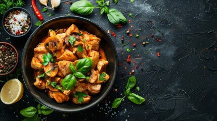 Sticker -  A bowl holding chicken and spinach sits next to a bowl of various seasonings on a black surface