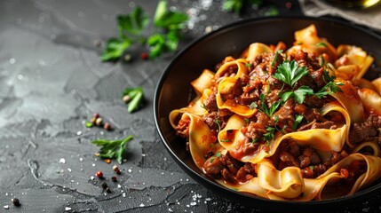 Sticker -  A pasta plate featuring meat sauce and garnished with parsley, contrasted against a dark background Wine bottle and parsley sprigs beside it