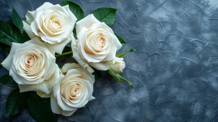 Sticker -  White roses in a bouquet atop a blue tablecloth A green, leafy plant beside on the table