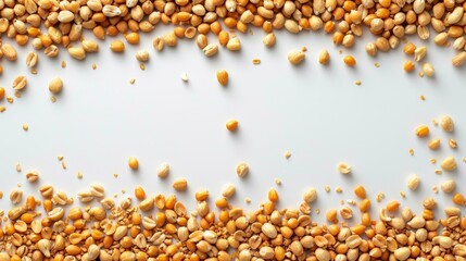 Poster -  A pristine mound of corn kernels against a crisp white backdrop, ideal for affixing text or an image on a card