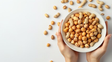 Poster -  A person holds a bowl of peanuts on a white table Nearby, two hands hold another bowl of peanuts