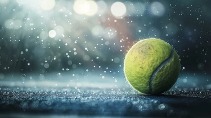 Wall Mural - Tennis ball on wet court with raindrops falling. Blurred background emphasizes depth. Close-up shot captures texture and details of the ball. Ideal for sports themes or rainy weather concepts. AI