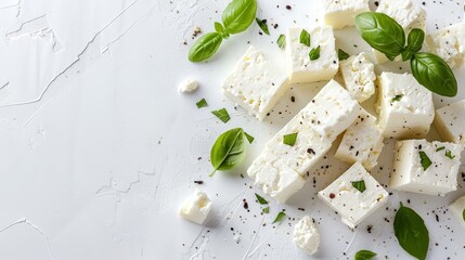 Wall Mural -  A white surface holds a mound of tofu garnished with basil leaves and pepper