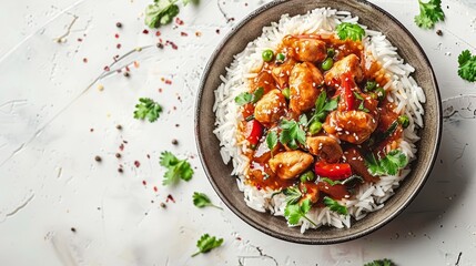 Sticker -  A bowl of chicken and rice on a white surface, garnished with cilantro and a sprig of parsley