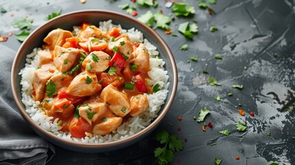 Sticker -  A bowl of chicken and rice, garnished with fresh cilantro