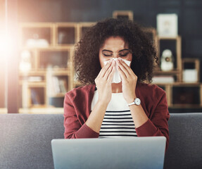 Poster - Tissue, laptop and woman on sofa blowing nose for flu, sinus or viral infection in living room. Lens flare, copywriter and sick person with sneeze for remote work, allergies or sinusitis in home