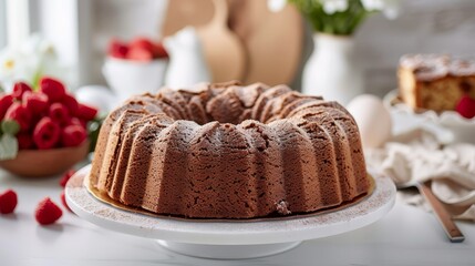 Poster -  A Bundt cake sits atop a pristine white cake plate Nearby, a bowl of strawberries and a vase filled with flowers grace the table