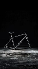 Poster - Metal bicycle frame rests on side with front wheel facing upwards. Elegant curved top features metallic sheen and dark gray background. Bike design. For sports enthusiasts, cycling fans.