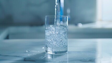 Wall Mural -  A glass of water with ice cubes and a blue straw protruding from the top