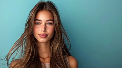 Poster -  A woman with long hair and a smile, framed against a teal backdrop