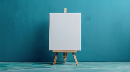  An easel positions in front of a blue wall, bearing a blank canvas on one leg