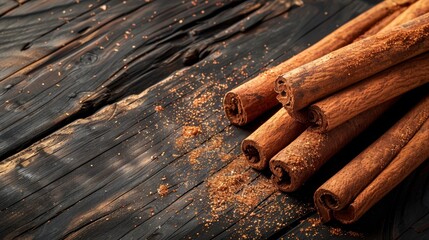 Canvas Print -  A pile of cinnamon sticks atop a wooden table, nearby lies another pile of cinnamon, both resting on the table