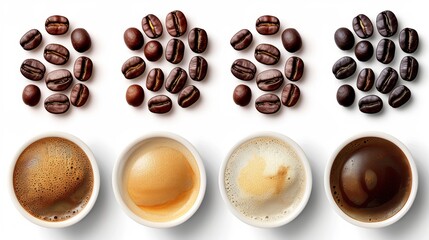 Canvas Print -  A number of coffee cups, each with a distinct type of coffee bean at the bottom