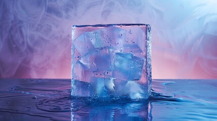 Wall Mural -  A block of ice sits atop a table, next to a blue container brimming with numerous ice cubes