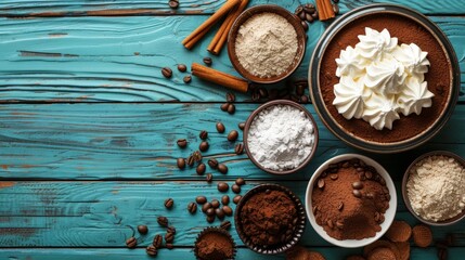 Poster -  A table, topped with bowls of various chocolates and whipped cream, sits beside cinnamon and cinnamon sticks