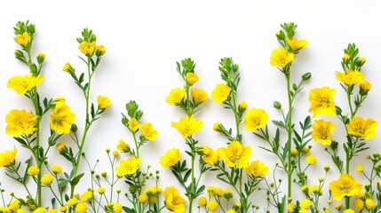 Canvas Print -  A cluster of yellow blooms adorns a white backdrop, flanked by verdant leaves and stems on either side