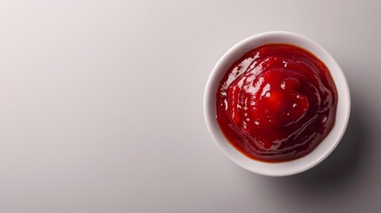 Poster -  A white countertop holds a bowl filled with ketchup and a adjacent bottle