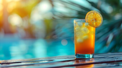 Sticker -  A glass of orange juice with a slice of orange on the rim, overlooking a palm tree-lined background