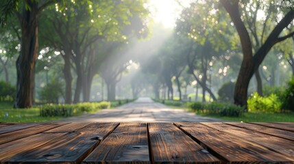 Sticker -  A wooden table top sits in the heart of a park, surrounded by numerous trees on both sides