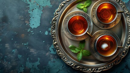 Poster -  A metal tray holds three cups filled with liquid and mint leaves atop a blue tablecloth