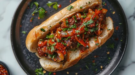 Poster -  A hot dog in a bun, topped, on a plate Nearby, a bowl of ketchup