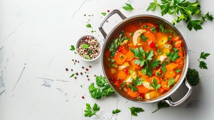 Canvas Print -  A pot of soup with carrots, parsley, and a spoon on a white surface