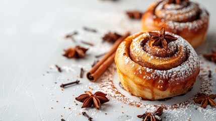 Poster -  A couple of cinnamon buns atop a powdered-sugared table, adorned with star anises