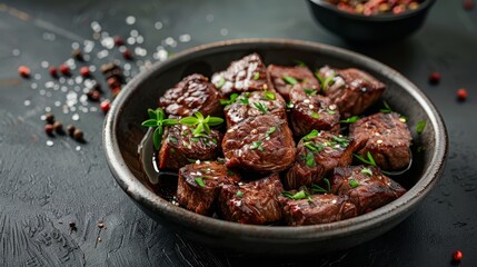 Canvas Print -  A bowl brimming with meat is placed on a table, garnished with green garnishes Nearby sits another bowl holding red pepper flakes