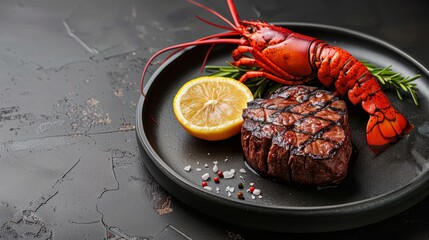 Poster -  A steak and lobster on a black plate Lemons and peppers accompany the dish on the table  A steak and lobster duo grace a black plate