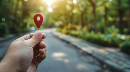 Sticker -  A hand holds a red pin amidst a road scene dotted with trees and bushes