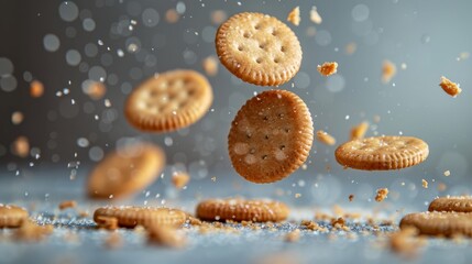 Poster -  A group of crackers in flight above a blue countertop, adjacent to a mound of additional crackers